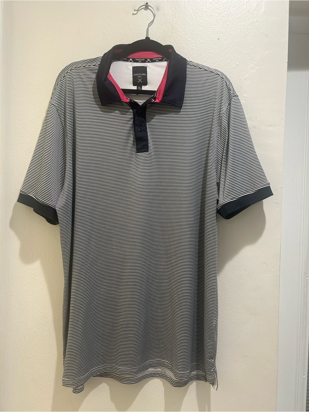 Kenneth Cole Black & White Thin-Stripe Polo with Pink Trim